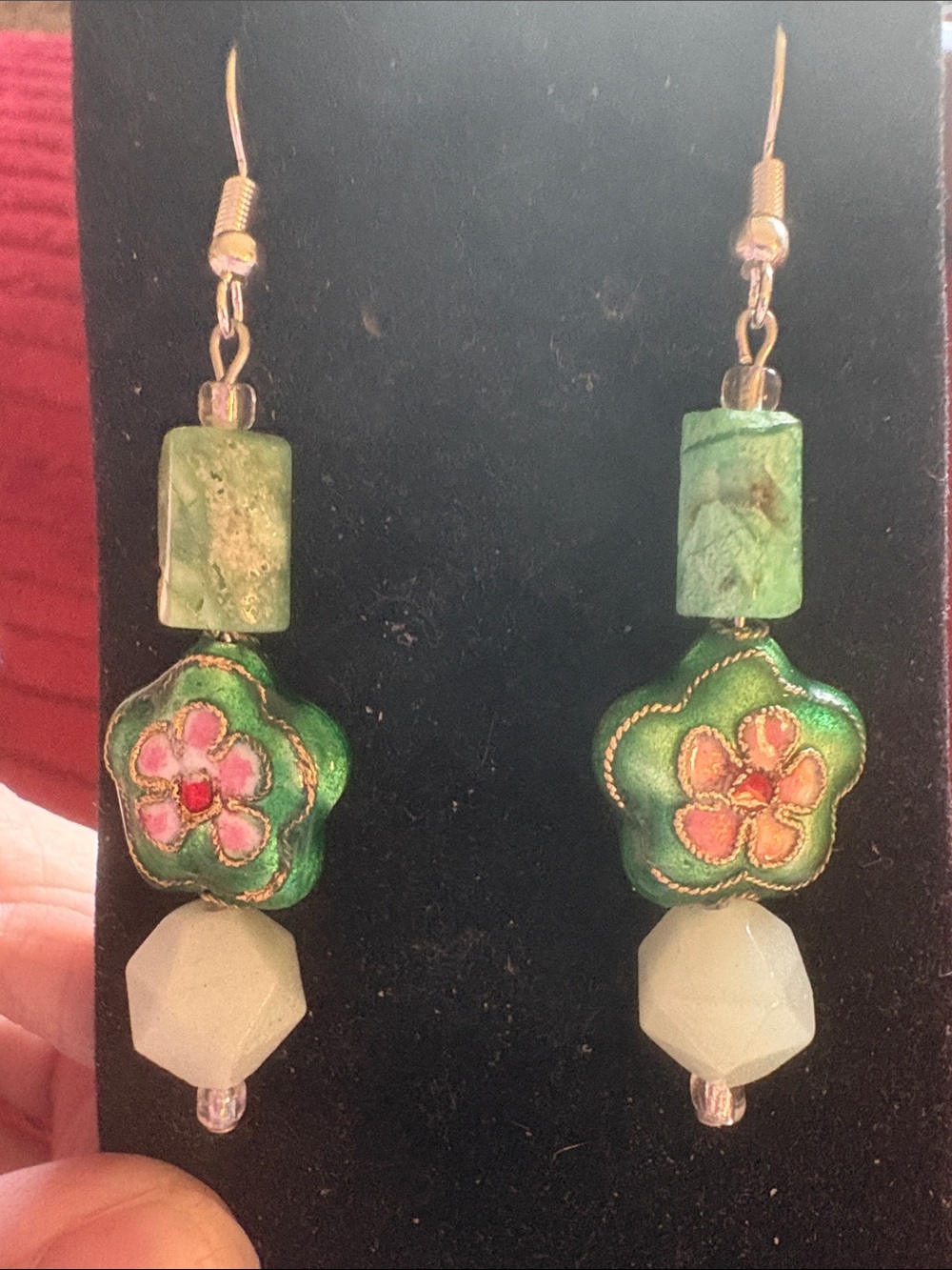 Hand Crafted Green Floral Cloisonné Drop Earrings with Stone Accents
